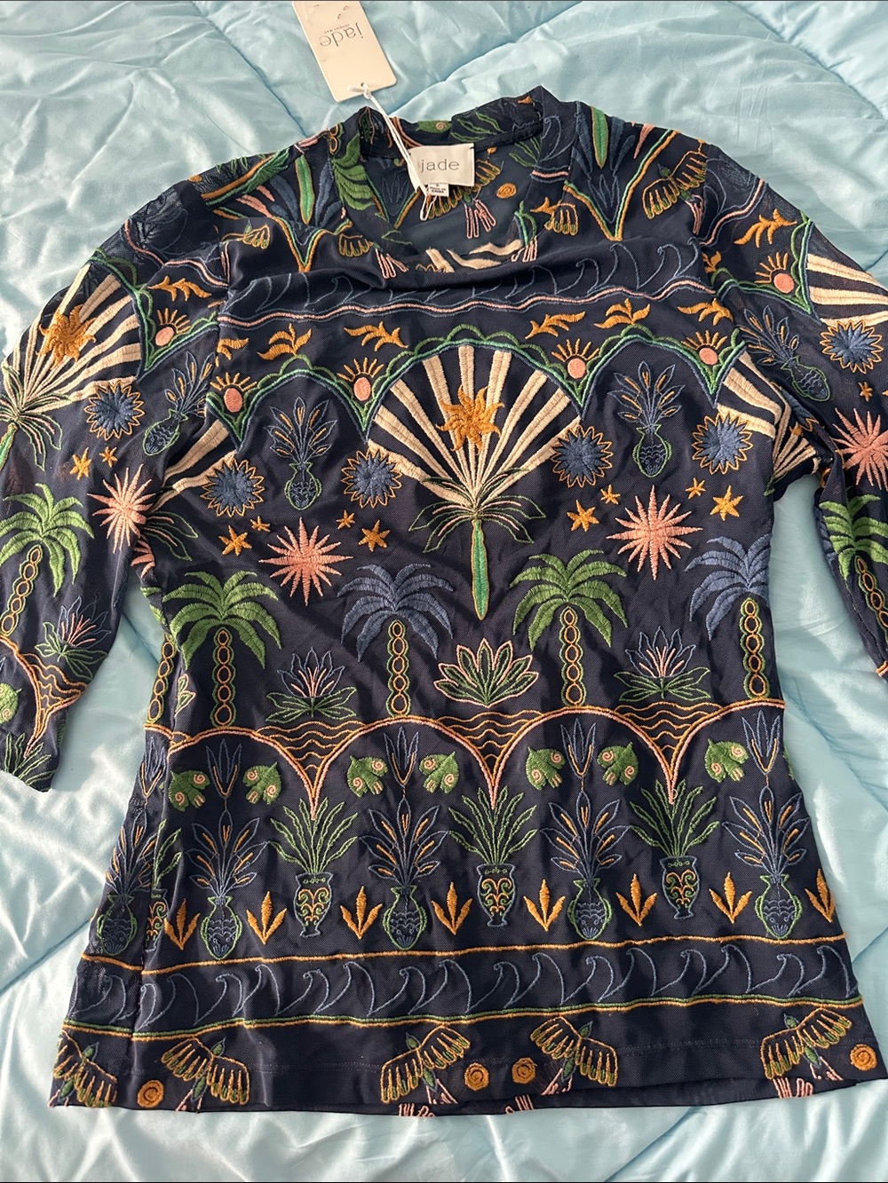 Johnny Was-Jade-Kaia mesh tee stretch Del Mar navy Embroidery elbow sleeve Sz S - Picture 7 of 15